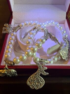 Two Pearl Bead Charm Bracelets - White Pearls with Silver Charms